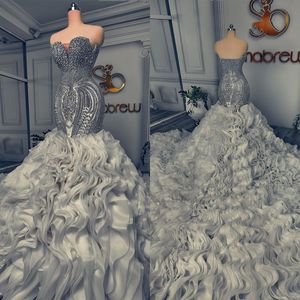 Luxurious Crystal Mermaid Wedding Dresses Bridal Gowns Ruffle Tiered Custom Made Rhinestone Sleeveless Illusion Sweep Train Vestidos De Novia