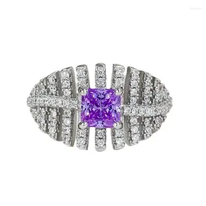 Ringos de cluster S925 Silver Ring Fashion Comuter Style 5 5mm Square Purple Diamond