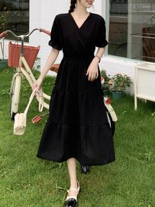 Party Dresses 2024 Summer Korean V-neck Black Elegant Long Dress Women Short Sleeve Empire Elastic Waist A-line Loose Holiday Casual