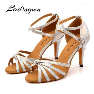 Dance Shoes Ladingwu Latin Salsa Silver Discoloration PU Ballroom Women Heel 6-10cm