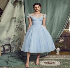 Sky Blue A Line Evening Dress Short 2020 Evening Dress Laceup Back Prom Gown Robe de Soiree Lace Applicques Formal Dress Party3480153