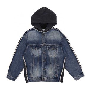 2023 Special Mens Jeans Coat Custom Washed Distessed Blue Denim Patchwork Jean Jacket For Men Sub Botton Hoodie