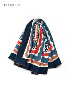 Retro Red-Blue Curve Printed Luxury Silk Scarf Women 100% Real Silk Twill Scarves Wrap Foulard Shawl 90cm Square Ladies Bandana 240408