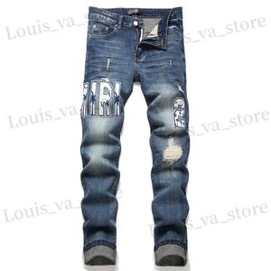 Men's Jeans Blue Perforated Patch Embroidered Badge Jeans Small Foot Elastic Mid Rise Denim Pants Male T240411