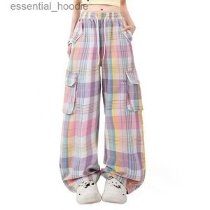 Spodnie damskie capris wysoko taliny Dstring dopamina noszącej odzież roboczą amerykańskie kolorowe kieszenie w kolorze retro słodkie i chłodne modne proste spodnie C240411