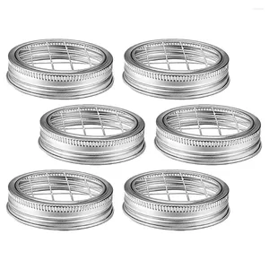 Dinnerware 6 Sets Canning Jar Flower Insert Glass Bottle Grid Covers Stainless Steel Daisy Lids Floral Arrangement