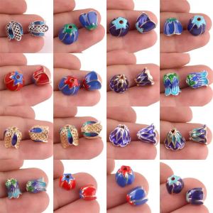 10pcs/lot Çin takıları Cloisonne top aralayıcıları boncuklar kapak konektörleri emaye cazibesi alaşım diy yapım püskül kapaklar uç kapak takı