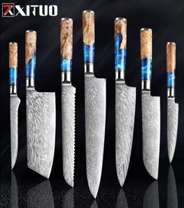 Xituo Citchernivesset Damascus Steel VG10 Chef Knife Cleaver Paring Bread Knife Blue ResinとColor Wood Handle Cooking Tool7364021