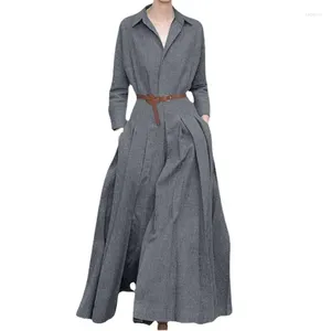 Sukienki swobodne Superaen 2024 Długie sukienka wiosenna wiosenna moda Lapel Solid Color Belt Maxi