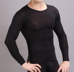 Wholemens Sexig transparent undertröja exotiska släta rena underkläder toppar långa ärmar fitness gym sport t shirt2029683