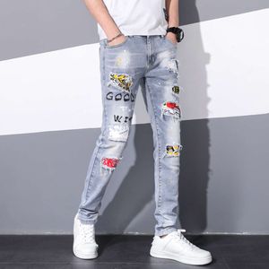 Embroidered Printed Distressed Denim Pants, Long Pants for Young Men, Slim Fit Leggings, Elastic Patches, Personalized Trendy Men