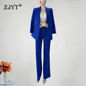 Women's Two Piece Pants ZJYT Office Lady Blazer Suits For Woman Double Breasted Jacket Pant Sets 2 Matching Trousers Set Blue Outfit Elegant