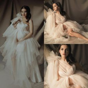 Maternity Women Evening Dresses One Shoulder Lace Gowns for Photoshoot Boudoir Lingerie Tulle Robe Bathrobe Nightwear Babydoll