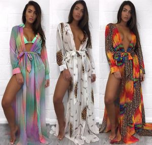 Yaz Seksi Kadın Şifon Kimono Bikini Kapak Kadın Leopar Kontrast Renk Split Hardigan Plajı MAXI BLOUNES CACKUPS6238195