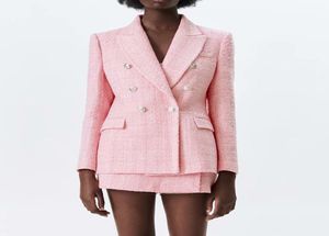 WXWT Fashion Women039s Set Pink Plaid Tweed Blazer Coat and Shorts Chic Ladies High Street Set CD8093 2203184294214