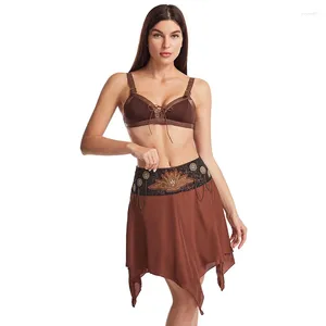 Vestidos de trabalho Lace dianteira marrom up sutiã sexy e correntes de miçangas de baixa cintura saia assimétrica Salia vintage Mulheres roupas góticas steampunk bralette