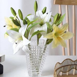 Decorative Flowers Artificial Lily Branches With Stems And Green Leaves For Home Wedding Party Flower Arrangement Garden Decoration