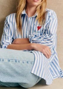 Kadın Bluzları 2024 İlkbahar ve yaz çizgili gömlek yaka düğmeli gevşek orta uzun kollu kadın