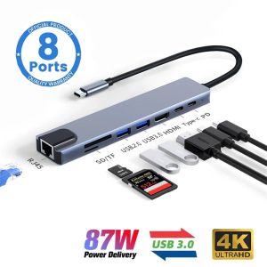 Hubs 8 In 1 USB C Hub Type C To 4K HD Adapter with RJ45 Network SD/TF Card Reader PD Fast Charge for MacBook Notebook Laptop Computer