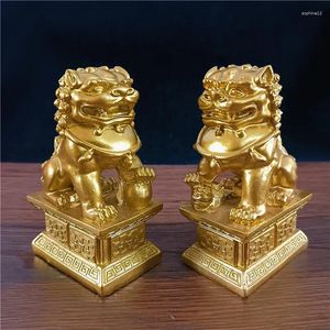 Decorative Figurines 2Pcs Gold Chinese Lions Statues Feng Shui Man-made Jade Stone Buddha Dragon Sculpture Statue Home Decoration