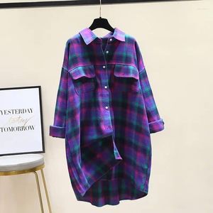 Kvinnors blusar Plaid Skjorta Kvinnor Löst passande Mid-long tops Retro Long Sleeve Shirts Korean Stylish Top 2024