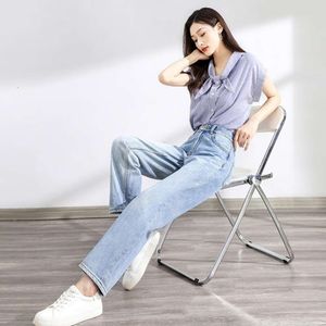 High-end raka ben jeans för kvinnor 2024 Våren ny hög midja löst passande smala beskurna byxor