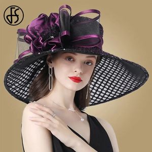 FSパープルレディース魅惑的な帽子ウェディングケンタッキーダービー女性の花広い広いブリムフェドーラオーガンザハットチャーチ240401