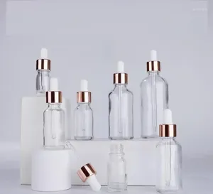 Storage Bottles Wholesale 5ml 10ml 15ml 20ml 30ml 50ml 100ml With Rose Gold Lid For Essential Oils Clear Serum Glass Dropper