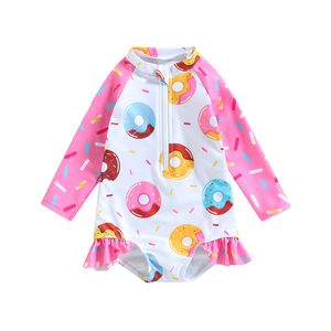Kinder Baby Girl Langarm Badeanzüge Rüschenverkleidung Donut Print Reißverschluss Jumpsuit Badebekleidung Badeanzüge 1-5T