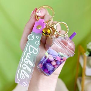 Cute Liquid Pearl Milk Tea Cup Key Chain Creative Quicksand Floating Jelly Bean Keyring Backpack Pendant Keychain Gift for Women