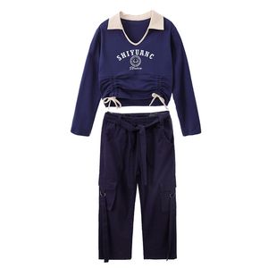 Kid Hip Hop Clothing Navy Blue Ruched Crop Top Long Sleeve T Shirt Casual Street Belt Cargo Pants For Girl Dance Costume Clothes