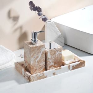 Coral Pink Natural Marble Set for Bathroom Soap Dispenser Soap Dish Toothbrush Holder Tissue Box Tray Bathroom Accessories