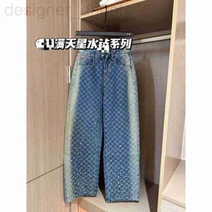 Women's Jeans designer High quality Korean full print hot diamond heavy craftsmanship high waisted denim wide leg pants for women's versatile straight HQ33