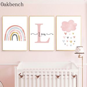 Name Custom Wall Art Rainbow Cloud Canvas Poster Cloud Heart Print Pictures Pink Art Prints Nursery Posters Baby Girl Room Decor