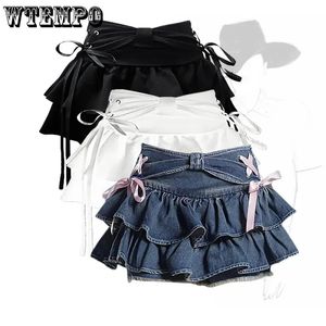 Blue Denim Pleated Skirt Bow Fold Design Womens Aline Short Built in Shorts American Spicy Girl Korean Fashion sweet 240403