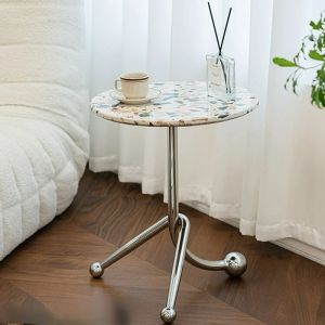 Nordic Light Luxury Terrazzo Tea Table: Living Room Sofa Side Tables Creative Triangle Support Simple Small Round Table Design