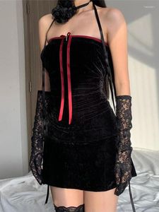 Casual Dresses Bow Gothic Velvet Bandage Tube Mini Y2k Partywear Ruched Sexy A-line Dress Grunge Backless Women Winter Outfit