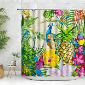 Shower Curtains Hand Painted Flowers Birds Leaves Curtain Tropical Palm Leaf Flamingo Pink Flower Pineapple Fruit Print Bathroom
