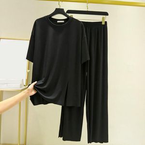 O yakalı kısa kollu pijama set yan bölünmüş elastik bel bant düz geniş bacak kadınlar buz ipek yivli t-shirt pantolon set ev kıyafeti