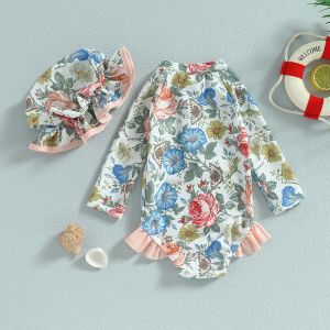 ma&baby 6M-3Y Toddler Infant Kid Baby Girl Swimsuit Summer Floral Print Long Sleeve Ruffles Zipper Swimwear +Cap D01