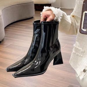 Boots Pointed Toe Women Ankle Black White Pink Sock Booties Thick High Heels Fashion PU Shoes Woman Winter Botas Size 35-40