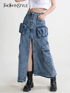 Twotyle Split Denim -Röcke für Frauen hoher Taille Patchwork -Taschentemperament Solid Rock weibliche Herbstmodestil 240326