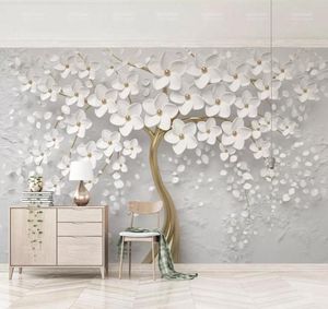 Elegante weiße Blumen Tapete Luxusschmuck 3d Custom Wall Wandmalerei für Hochzeitsraum TV Hintergrund Decken Schlafzimmer Li6605971