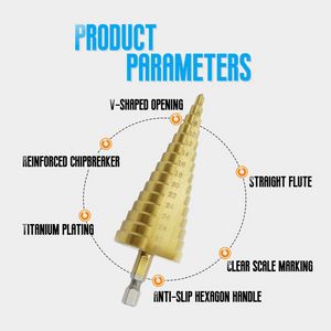 HSS rakt spår Step Drill Bit Titanium Coated Hole Saw Hex Shank Pagod Drill Conical Stage Borr för Metal Wood Power Tool