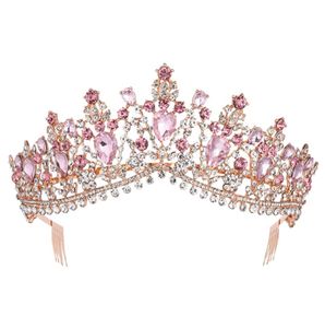 Coro rosa de ouro rosa rosa coroa de tiara de noiva rosa com o concurso de pente baile strass véu tiara tiara tiara de casamento acessórios para cabelo y3025951