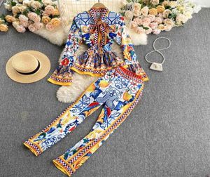 Print Runway Fashion Fashion Vintage Top Blouse Blouse Top e calças compridas conjunto de duas peças Women Women039S4070790