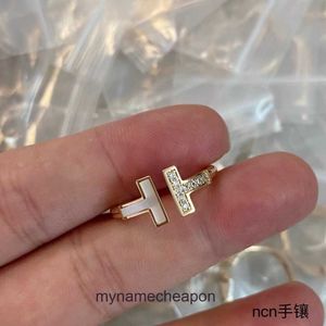 High end designer rings Tifancy V-gold material plated with natural white Fritillaria and diamond double T ring CNC versatile fashion style Original 1:1 With Real Logo