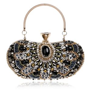 Sekusa Hot Sale Small Beaded Clutch Purseエレガントな黒いイブニングバッグウェディングパーティークラッチハンドバッグメタルチェーンショルダーバッグ