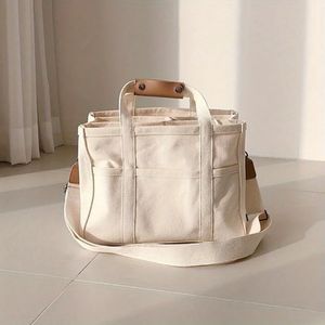 Trendy Multipocket Divider Canvas -Einkaufstasche AllMatch Solid Color Schulter Perfektes lässiges Crossbody für das Pendeln 240326