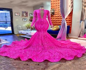 Fuchsia Mermaid Long Prom Dresses 2023 rosa red African Black Girl Long Sleeves Sparkly Sequin Lace Luxury Party Evening Dress BC14962227